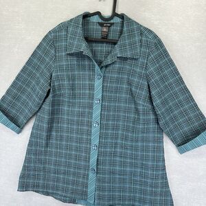 Ali Miles Teal Plaid Seersucker Art to Wear Jacket Size Large Button Front